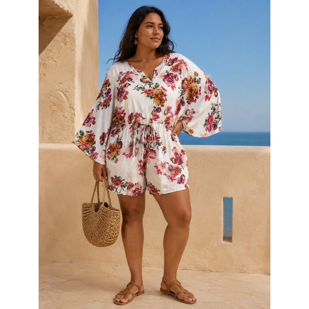 Chic Soul Floral Boho Kimono Sleeve Romper XXL 100% Rayon Coastal Made in USA